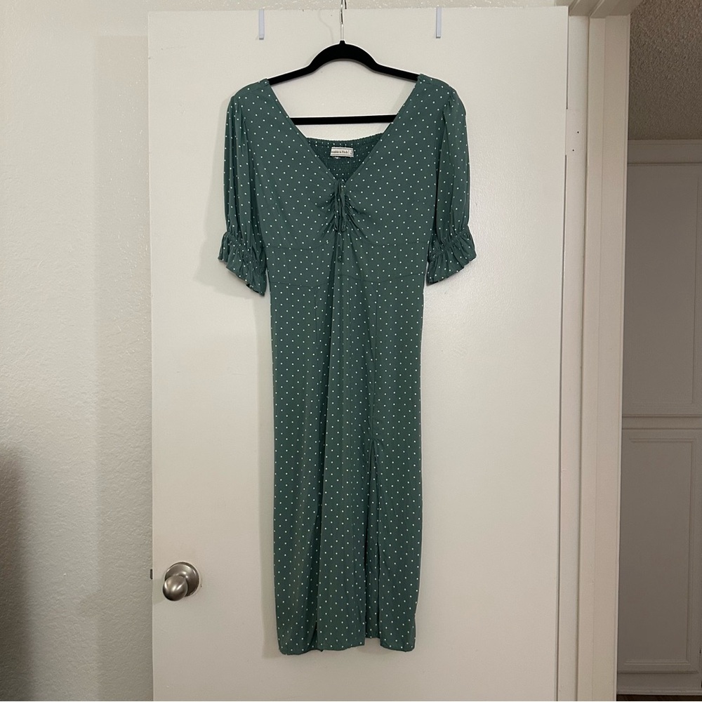 NWOT Abercrombie & Fitch Cinched Tie Front Midi Peasant Polka Dot Dress